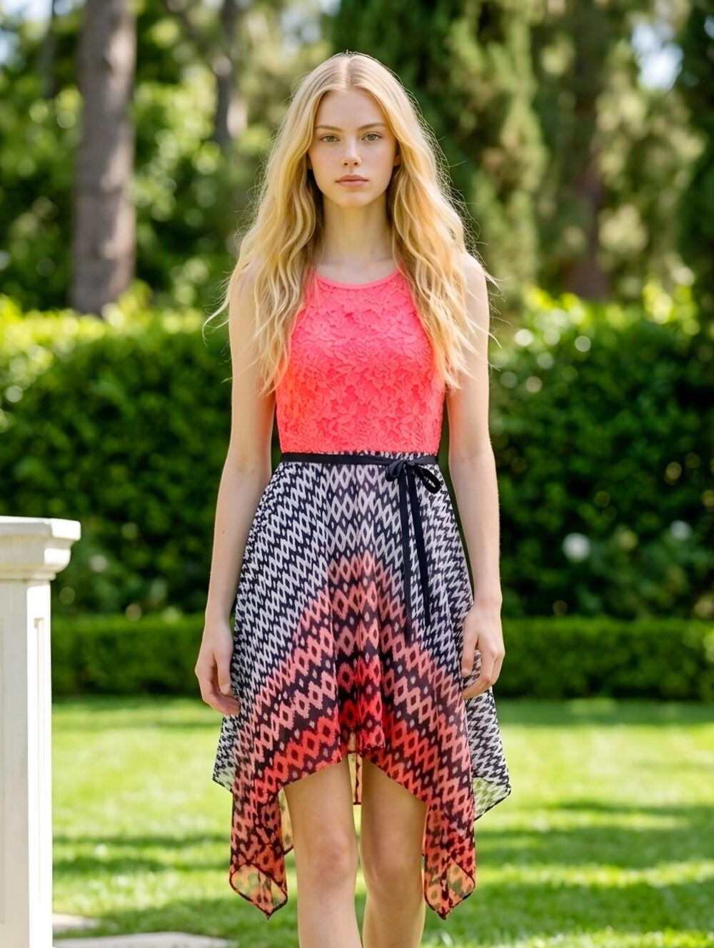 Kohls Girls Coral Navy Ombre Shark Hem Dress Lace Ribbon Belt Key-hole Sz 12 NWT
